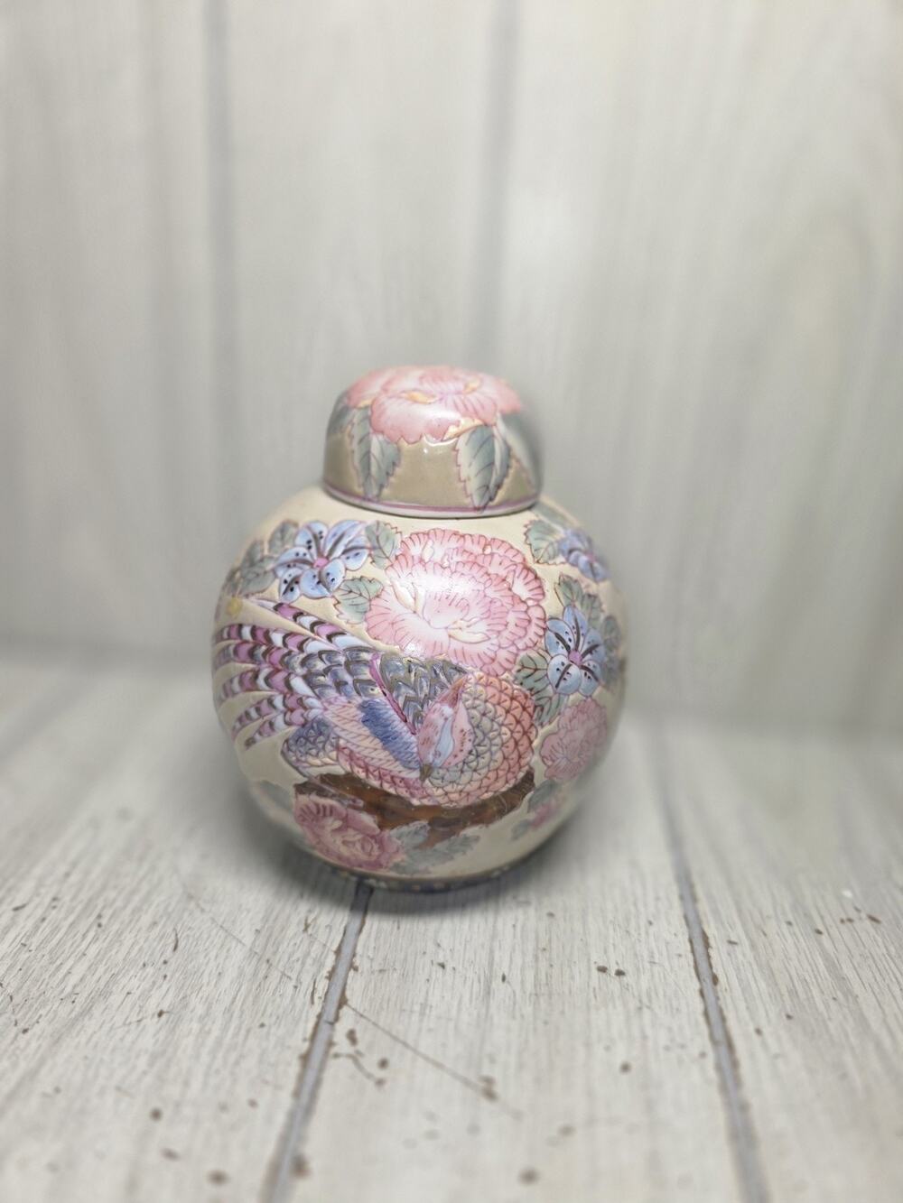 Vintage Chinese Ginger Jar Yellow Pink Blue Flowers Cottagecore Heritage Grandma